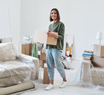 cheerful-young-woman-in-jeans-and-sweatshirt-carrying-packed-box